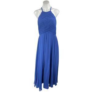 JJ's House Blue Sleeveless Pleated Halter Cami Maxi Bridesmaid A-Line Dress Sz S